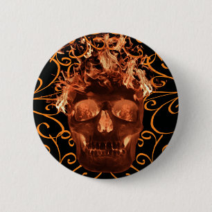 Orange Flaming Skull Button