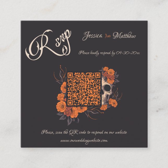 Orange Fleurs Élégant Code QR minimal carte RSVP (Devant)