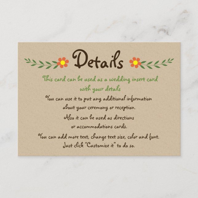 Orange fleurs kraft détails mariage insérer carte (Devant)