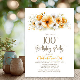 Orange Floral 100th Birthday Party Invitation