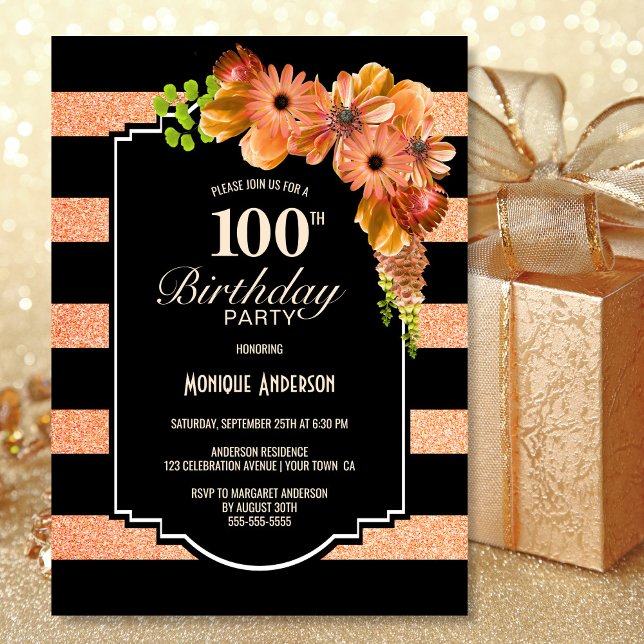 Orange Floral 100th Birthday Party Invitation (Creator Uploaded)