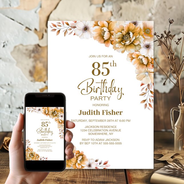 Orange Floral 85th Birthday Party Invitation (Creator Uploaded)