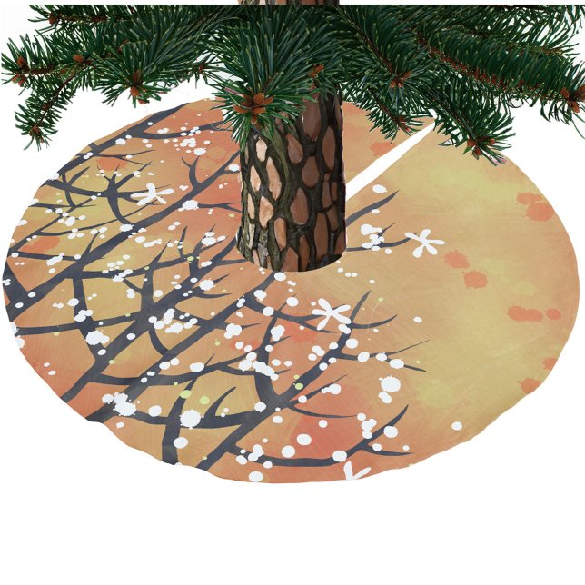 Orange Floral Abstract Brushed Polyester Tree Skirt (Burnt orange blossom and berries festive Christmas tree skirt)