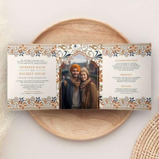 Orange Floral All in One Anand Karaj Sikh Wedding Tri-Fold Invitation (Creator Uploaded)