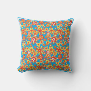 Orange Floral and Blue Polka Polka Dots Reversible Throw Pillow