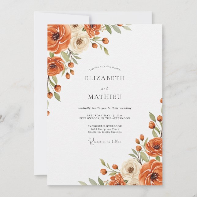 Orange Floral Autumn Wedding Invitation (Front)