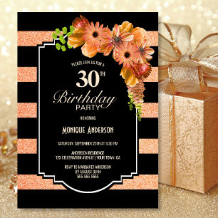Orange Floral Black Striped 30th Birthday Invitation