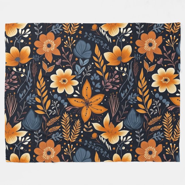 Orange Floral Boho Autumn Fall Black Fleece Blanket (Front (Horizontal))