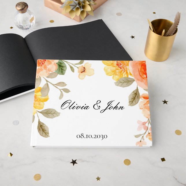 ORANGE FLORAL BOTANICAL BRIDAL SHOWER WEDDING GUEST BOOK (Front Open)