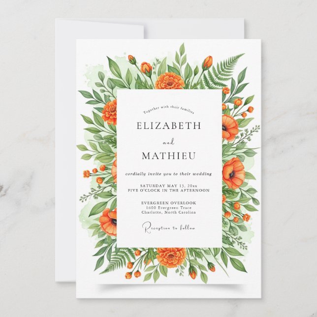 Orange Floral Botanical Wedding Invitation (Front)