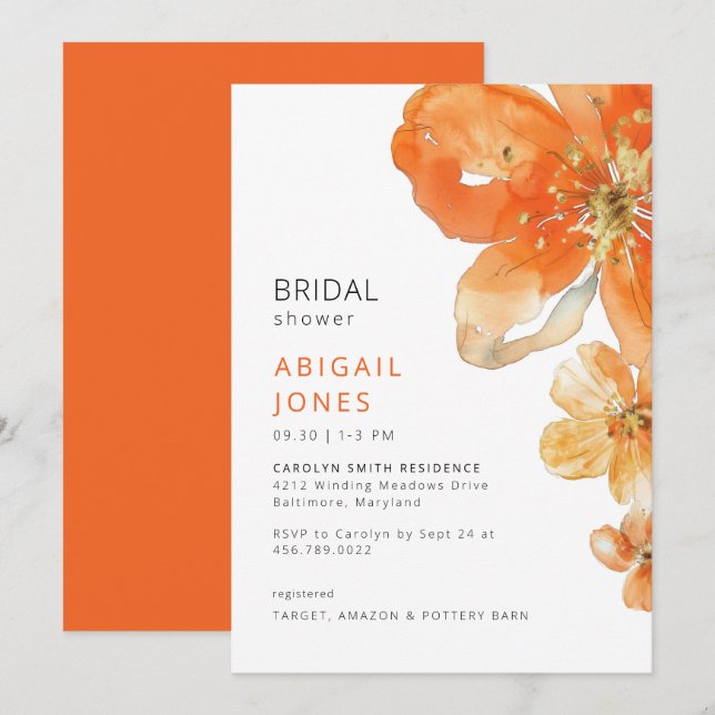 Orange Floral Bridal Shower Invitation (Front/Back)