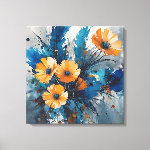 Orange Floral Burst with Blue Watercolor Canvas Print