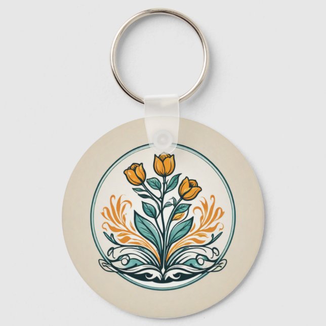 Orange Floral Button Keychain (Front)