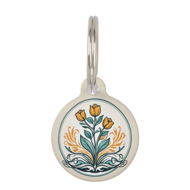 Orange Floral Button Pet Tag (Front)