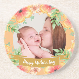 Orange Floral Custom Photo Mother's Day Coaster