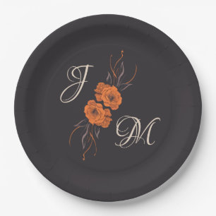 Orange Floral Elegant Minimal Monogram Wedding Paper Plate