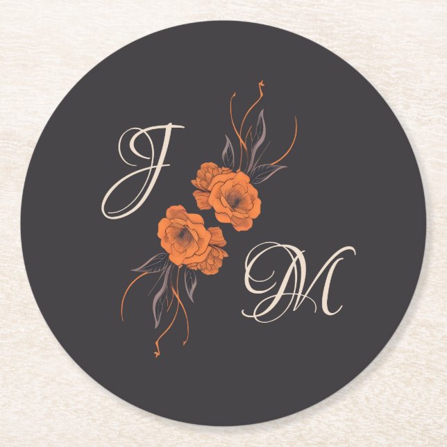 Orange Floral Elegant Minimal Monogram Wedding  Round Paper Coaster (Front)