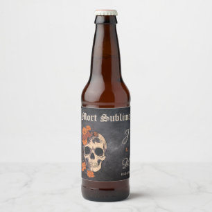 Orange Floral Elegant Skull Monogram Wedding beer  Beer Bottle Label