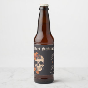 Orange Floral Elegant Skull Monogram Wedding beer  Beer Bottle Label