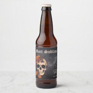 Orange Floral Elegant Skull Monogram Wedding beer Bottle Label