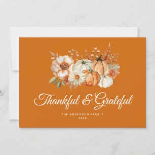 Orange floral Grateful and thankful thanksgiving Holiday Card