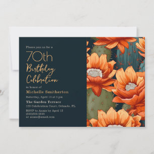 Orange Floral Green Cactus Navy 70th Birthday  Invitation