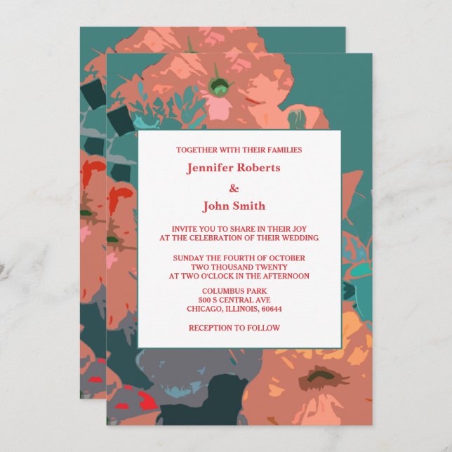 Orange Floral Green Leaves Art Abstract Wedding Invitation (Front/Back)