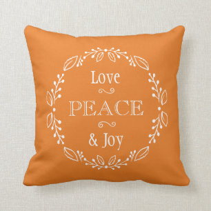 Orange Floral Holiday Peace Typography Throw Pillow