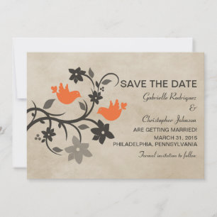 Orange Floral Lovebirds Save the Date Invite