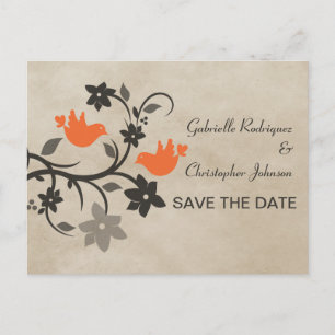 Orange Floral Lovebirds Save the Date Postcard