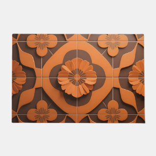 Orange Floral Medallion Geometric Tile Pattern Doormat