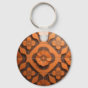 Orange Floral Medallion Geometric Tile Pattern Keychain