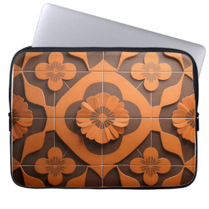 Orange Floral Medallion Geometric Tile Pattern Laptop Sleeve