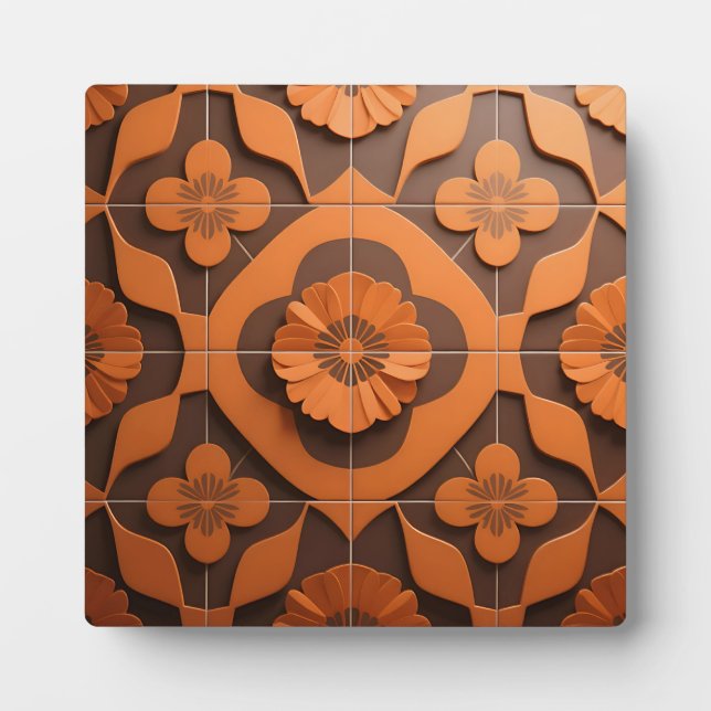 Orange Floral Medallion Geometric Tile Pattern Plaque (Front)