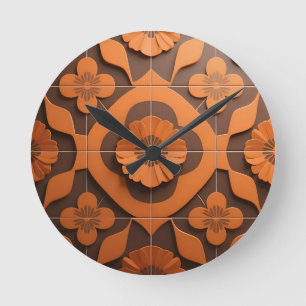 Orange Floral Medallion Geometric Tile Pattern Round Clock