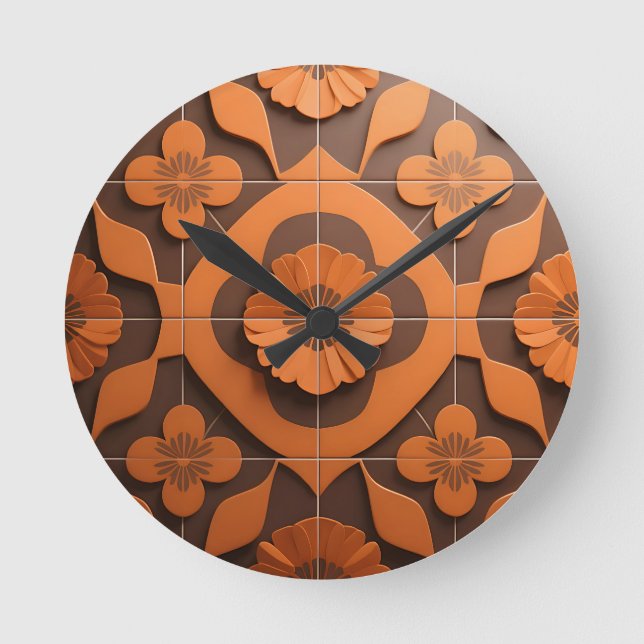 Orange Floral Medallion Geometric Tile Pattern Round Clock (Front)