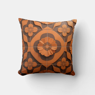 Orange Floral Medallion Geometric Tile Pattern Throw Pillow