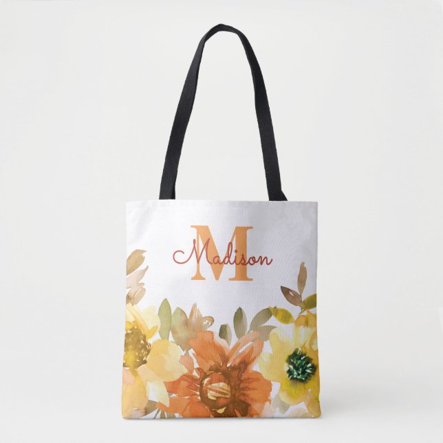 Orange Floral Monogram Name Gift Tote Bag (Front)