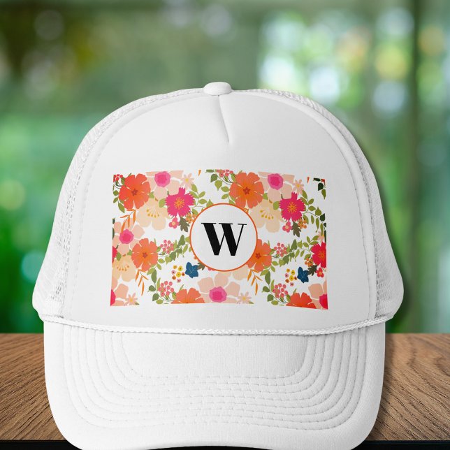 Orange Floral Monogram Trucker Hat (Creator Uploaded)