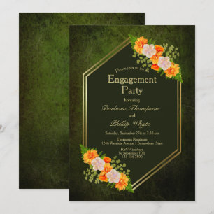 Orange Floral Moss Green Engagement Party Invitation