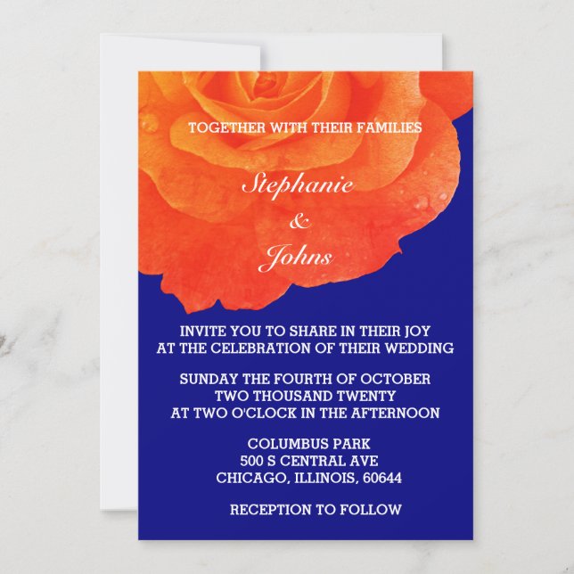 Orange Floral Navy Blue Rose Flower Wedding Invitation (Front)