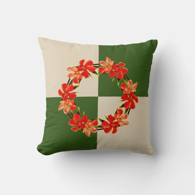 Orange Floral | Oleander | Green & Khaki Throw Pillow (Front)
