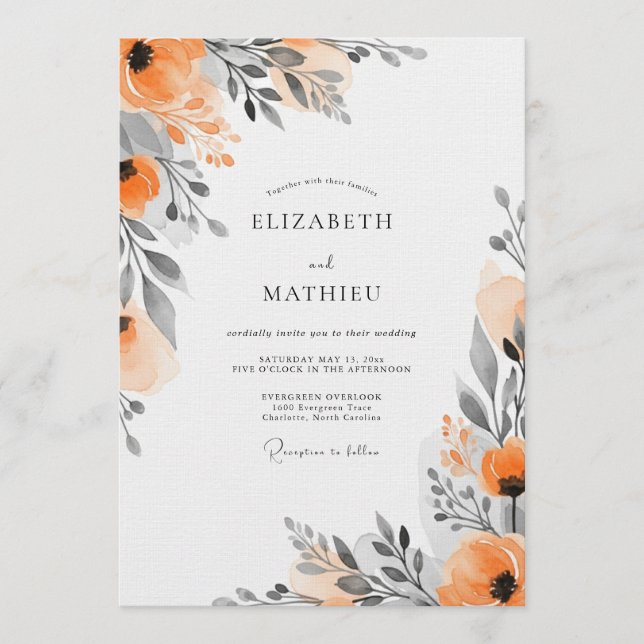 Orange Floral Painterly Wedding Invitation (Front)