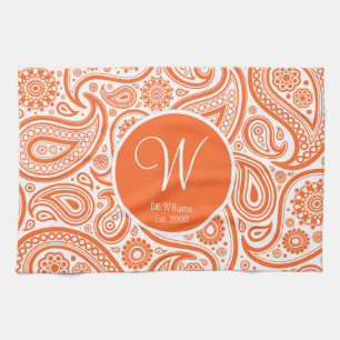 Orange Floral Paisley Monogram Pattern Kitchen Towel
