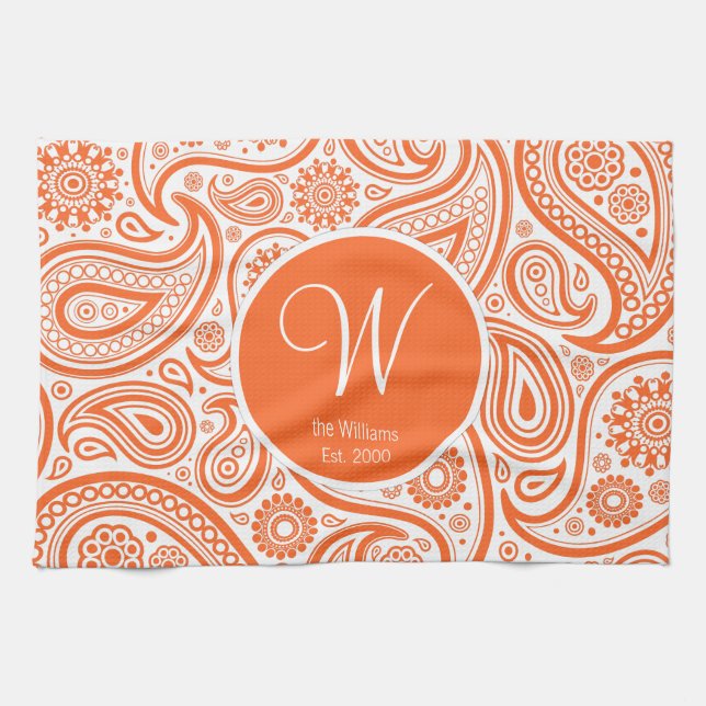 Orange Floral Paisley Monogram Pattern Kitchen Towel (Horizontal)
