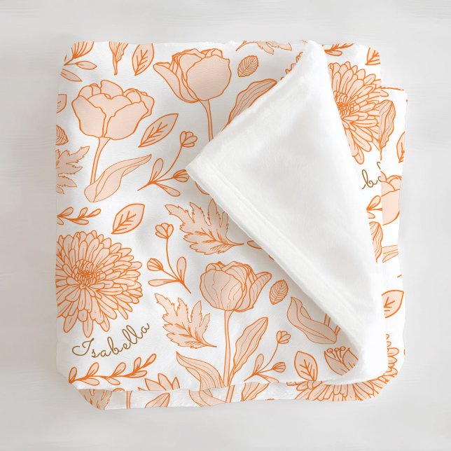 Orange Floral Pattern Custom Name Fleece Blanket (Creator Uploaded)