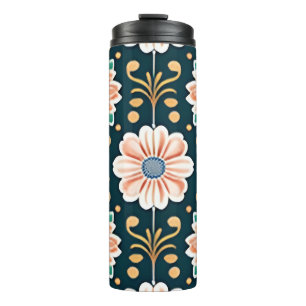 Orange Floral Pattern on a Black Background Thermal Tumbler