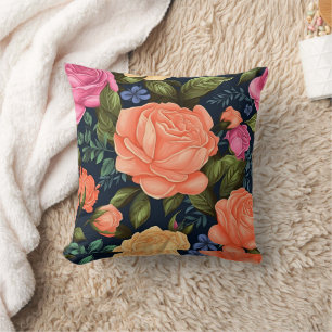 Orange Floral Pink Roses Botanical Flower Bloom Throw Pillow