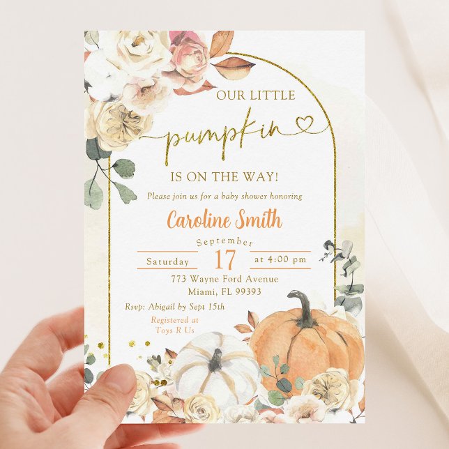 Orange Floral Pumpkin Autumn Baby Shower Invitation (Creator Uploaded)