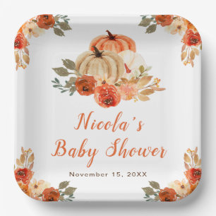 Orange Floral Pumpkins Baby Shower  Paper Plate